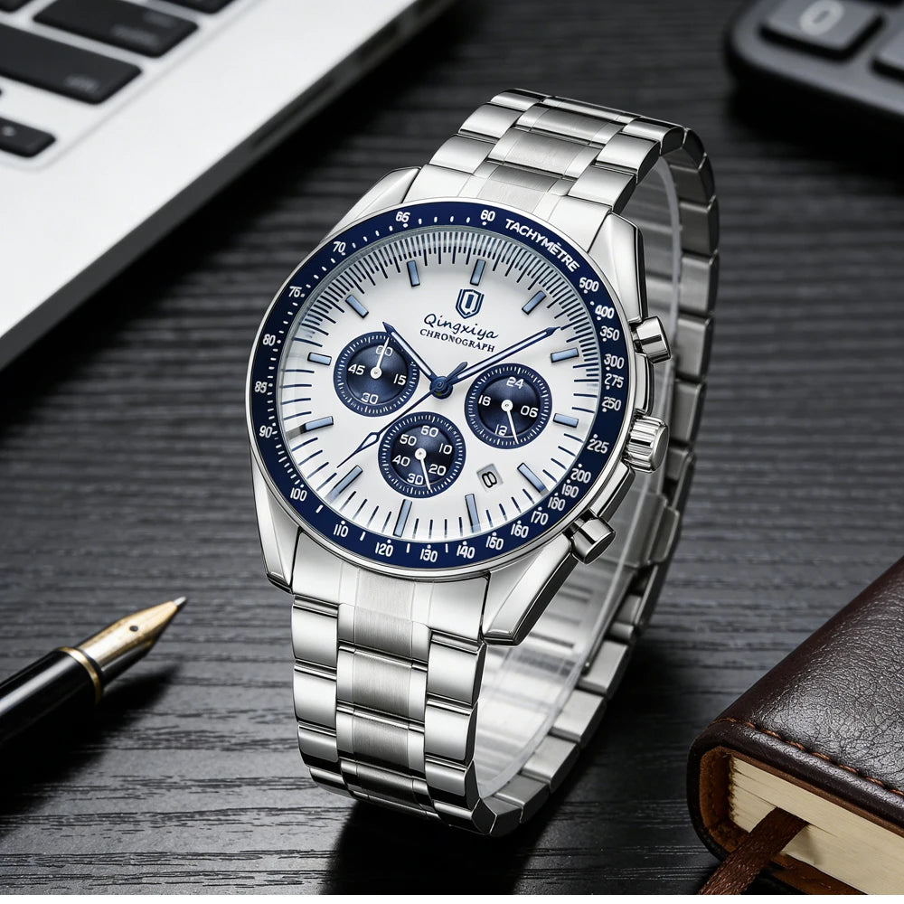 Orologio al quarzo da uomo, di marca di lusso, impermeabile e luminescente, in acciaio inossidabile, dotato di cronografo 24 ore e datario – Elegante orologio da uomo