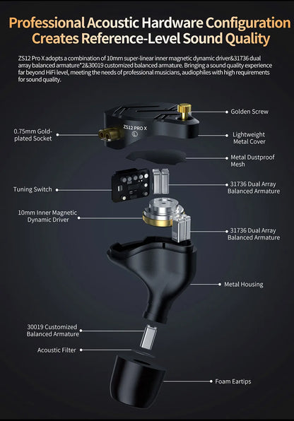 KZ ZS12 PRO X Hybrid Dynamic & Balanced Armature Technology IEM Earphone Upgrade HiFi Bass In Ear Headphone Tunning Wire Headset
