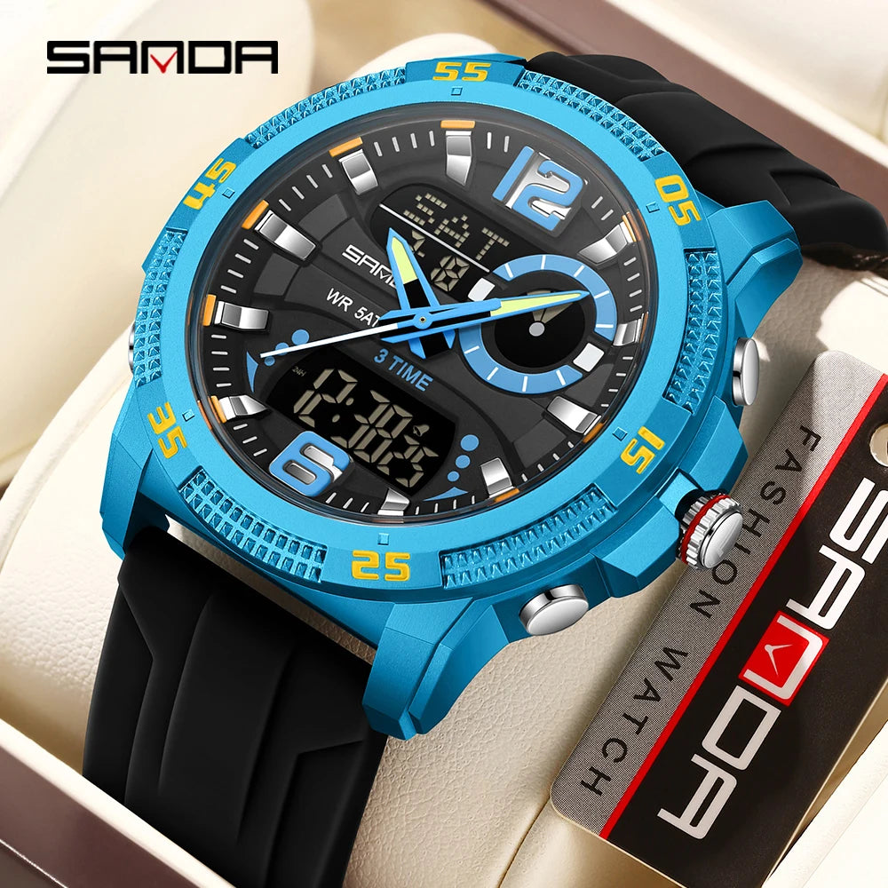 Montres de luxe pour homme SANDA Fashion : montre-bracelet à quartz analogique et numérique, style sportif, décontractée, étanche, avec chronographe en silice