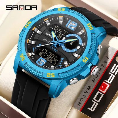 Montres de luxe pour homme SANDA Fashion : montre-bracelet à quartz analogique et numérique, style sportif, décontractée, étanche, avec chronographe en silice
