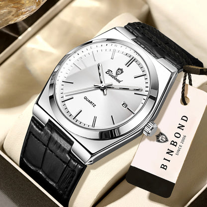 Relógio de pulso de luxo BINBOND com movimento de quartzo para homem – Impermeável, luminoso, com data automática – Estilo profissional, desportivo, moderno e descontraído – Pulseira em pele