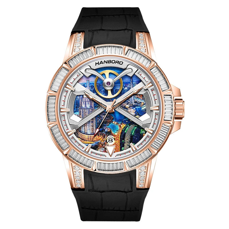 HANBORO Dubai Collection Dubai Characteristic Personalized Dial Frosted Crafted Diamonds Luxury Men's Automatic Mechanical Watch