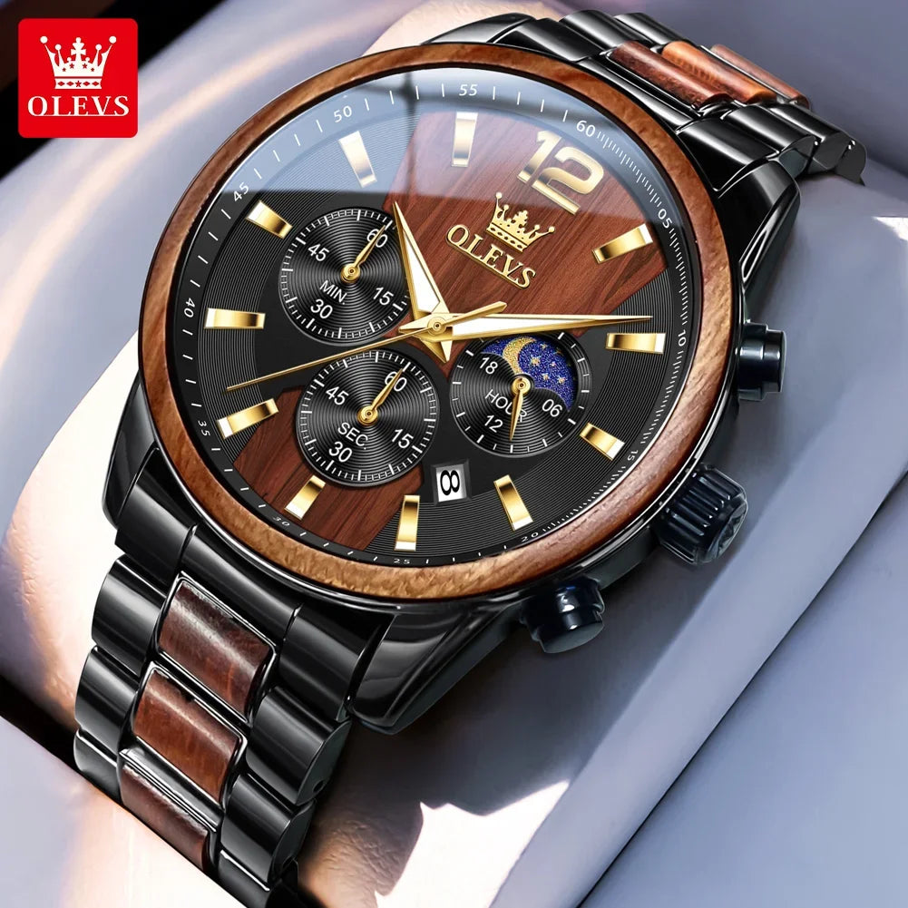 Orologio da uomo OLEVS 3645 in legno, di lusso, con illuminazione notturna, cronografo multifunzionale, al quarzo, stile retrò, orologio sportivo di tendenza.