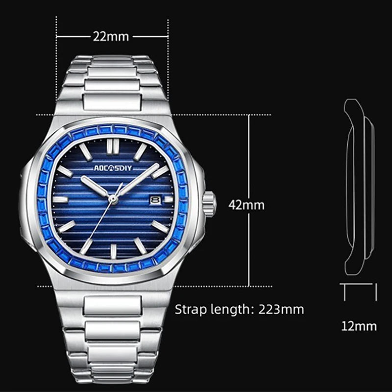 AOCASDIY Montre de luxe professionnelle étanche pour homme, date luminescente, acier inoxydable, carrée, à quartz, reloj hombre