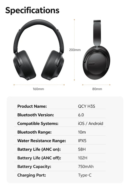 QCY H3S -56dB Adaptive ANC Over Ear Headphone Hi-Res LDAC Spatial Sound Wireless Earphone Bluetooth 6.0 Dual Driver 102H Headset