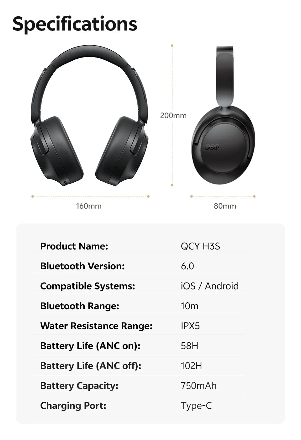 QCY H3S ANC Over Ear Headphones -56dB Noise Cancelling Headsets Bluetooth 6.0 Hi-Res LDAC Spatial Sound Earphones Dual Driver