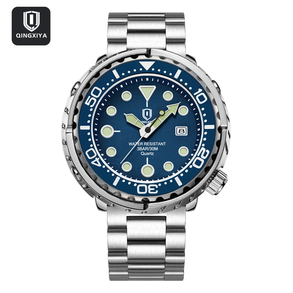 Montres pour homme QINGXIYA : montres de luxe à quartz pour homme, tendance, étanches, luminescentes, avec date et cadran rotatif, en acier inoxydable