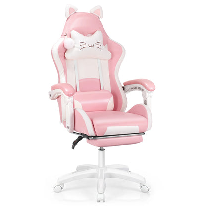 Gaming Chair with Cat Ears, Computer Armchair with Footrest and Lumbar Support, Height Adjustable Game Chair, 360°-Swivel Seat