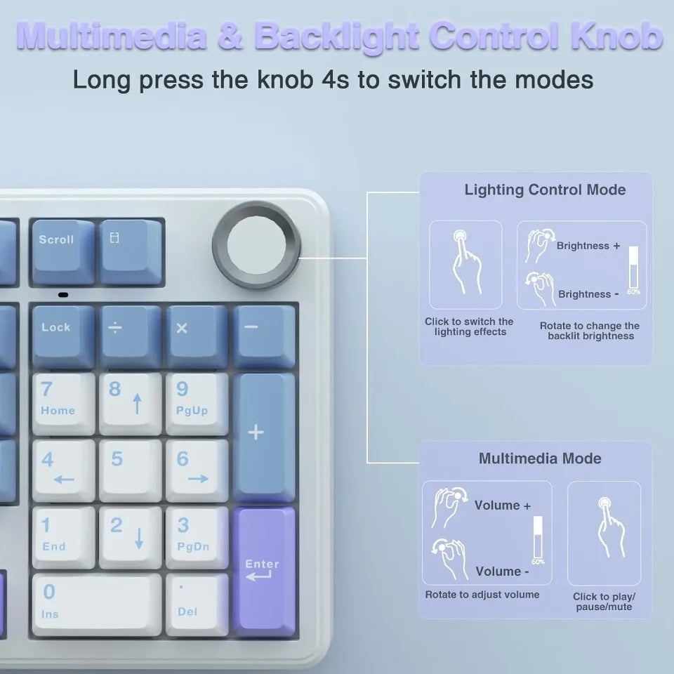 AULA F99 PRO Wireless Gaming Mechanical Keyboard 99 Keys Hot Swappable Gasket Structure 96% 8000mAh Battery Keyboard with Knob