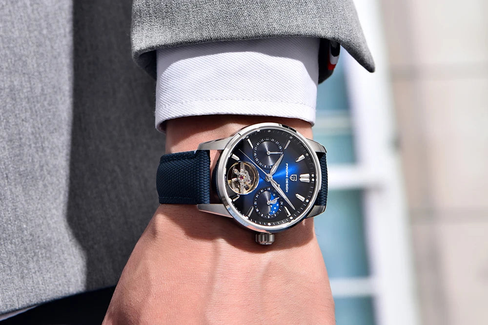 PAGANI DESIGN – Luksuzna mehanska ura za moške, 41 mm, safirno steklo, usnjena zapestnica, vodotesna, v pilotskem slogu, s turbijonom in prikazom lunine faze
