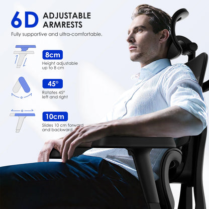 AUTHMIC Premium Ergonomic Office Chair with 6D Adjustable Armrests,3D Headrest,3-Zone Backrest,200kg Capacity,Reclining 90°-160°