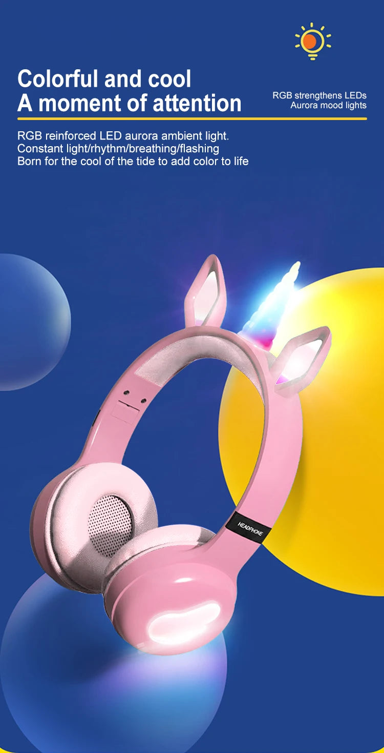 Glow Unicorn Headphones | Bunny Ear Bluetooth Headset with  Mic & TF Slot | Wireless Over-Ear LED