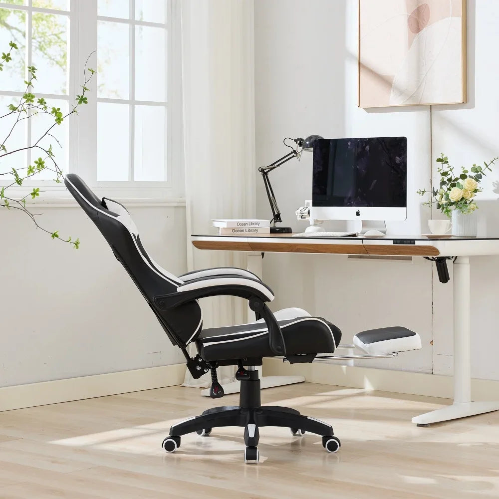 360 ° - Swivel Ergonomic Racing Design Gaming Chair Leather High Back Office Chair Height Adjustable Task Chair, Black&White