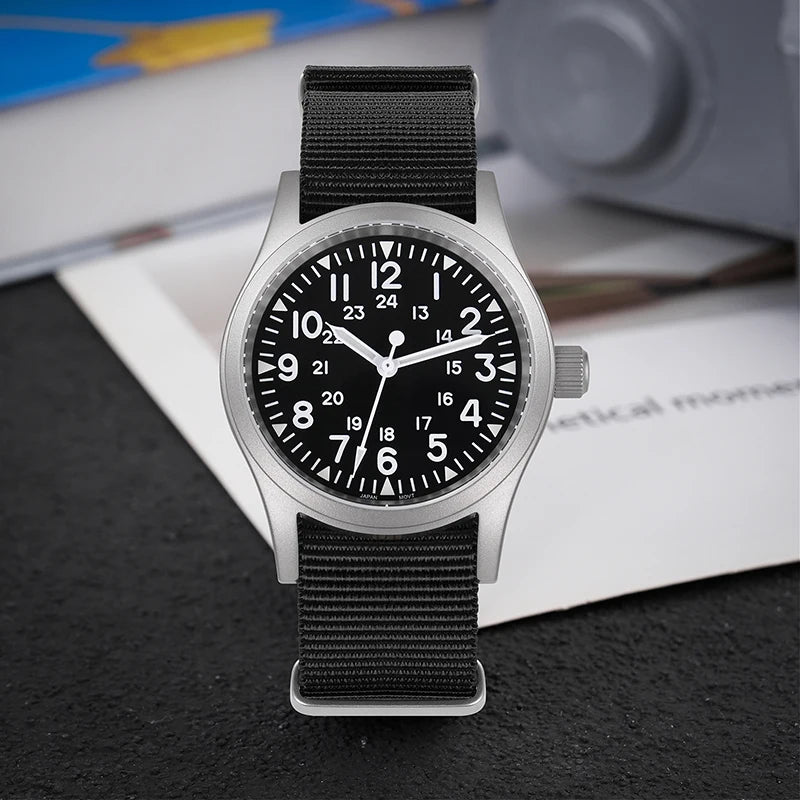 Militado ML05 Military Watch VH31 Sweep Quartz Movement Top Hat Domed Sapphire Crystal Vintage Watch 100m Waterproof Mens Watch