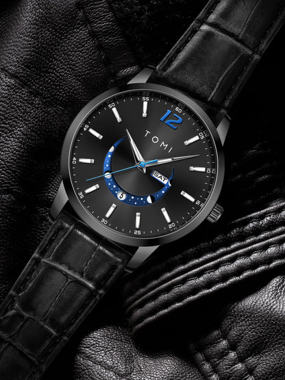 TOMI-kvartsur, elegant i affärsstil, med läderarmband, boett i legering och urtavla med visare – Exklusiv design, presentidé för män