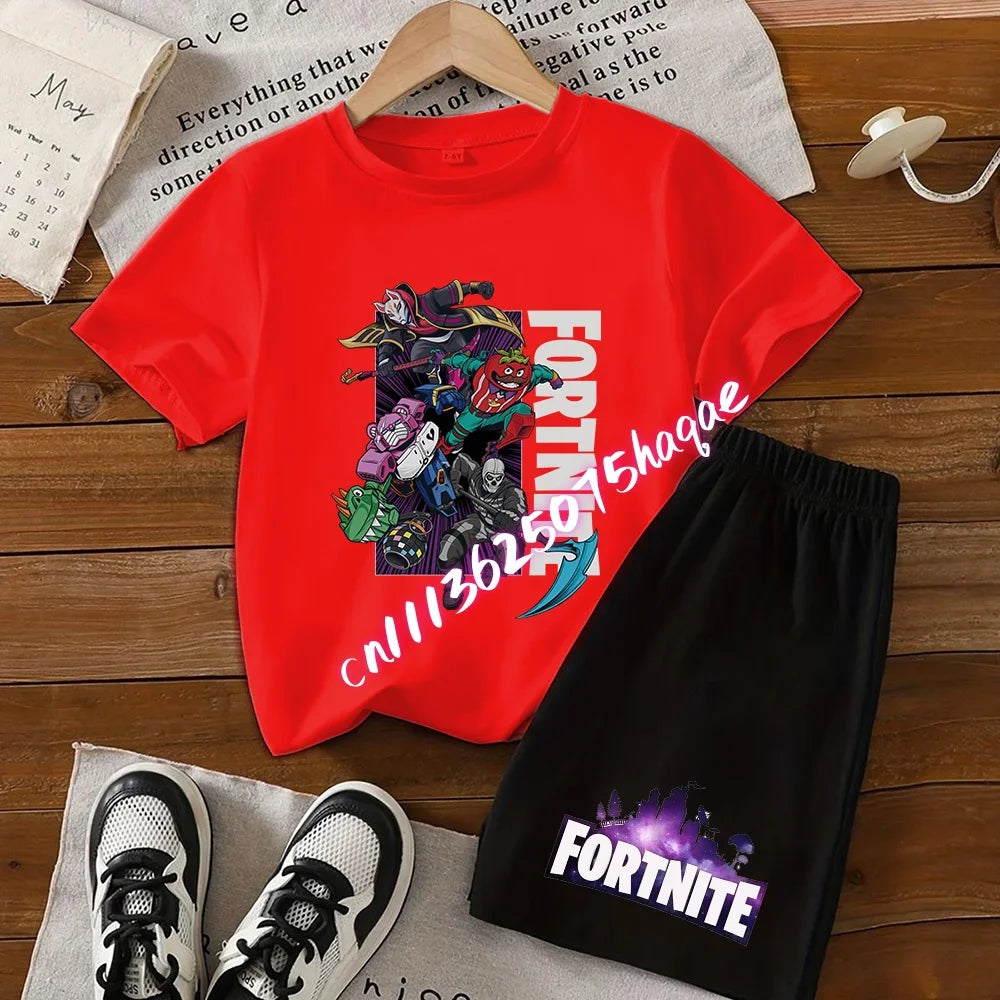 Sommer-Fortnite-T-Shirt und Shorts für Jungen und Mädchen, 2-teiliges Kinder-Set mit Oberteil und Hose, Fortress-Night-Print, Geschenk