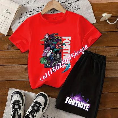 Sommer-Fortnite-T-Shirt und Shorts für Jungen und Mädchen, 2-teiliges Kinder-Set mit Oberteil und Hose, Fortress-Night-Print, Geschenk