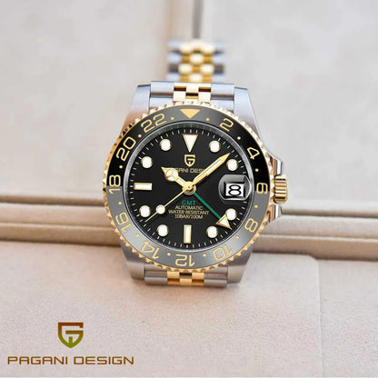 Orologio meccanico da uomo Pagani Design GMT – Modello di lusso con vetro zaffiro, cassa in acciaio inossidabile e lunetta in ceramica – Orologio automatico da uomo, stile professionale