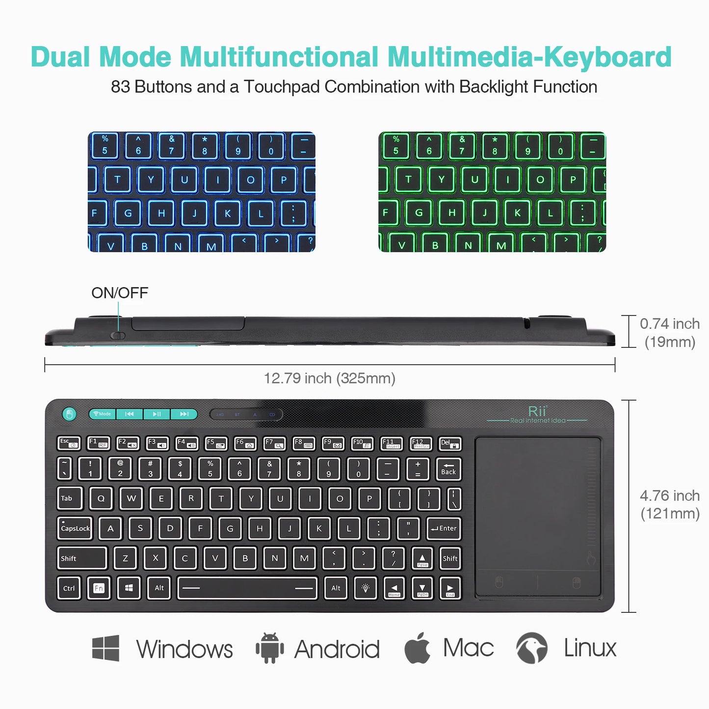 Rii K18S BT And 2.4Ghz Wireless RU Mini Keyboard Backlight Touchpad Air Mouse for Andorid Box Smart TV Windows