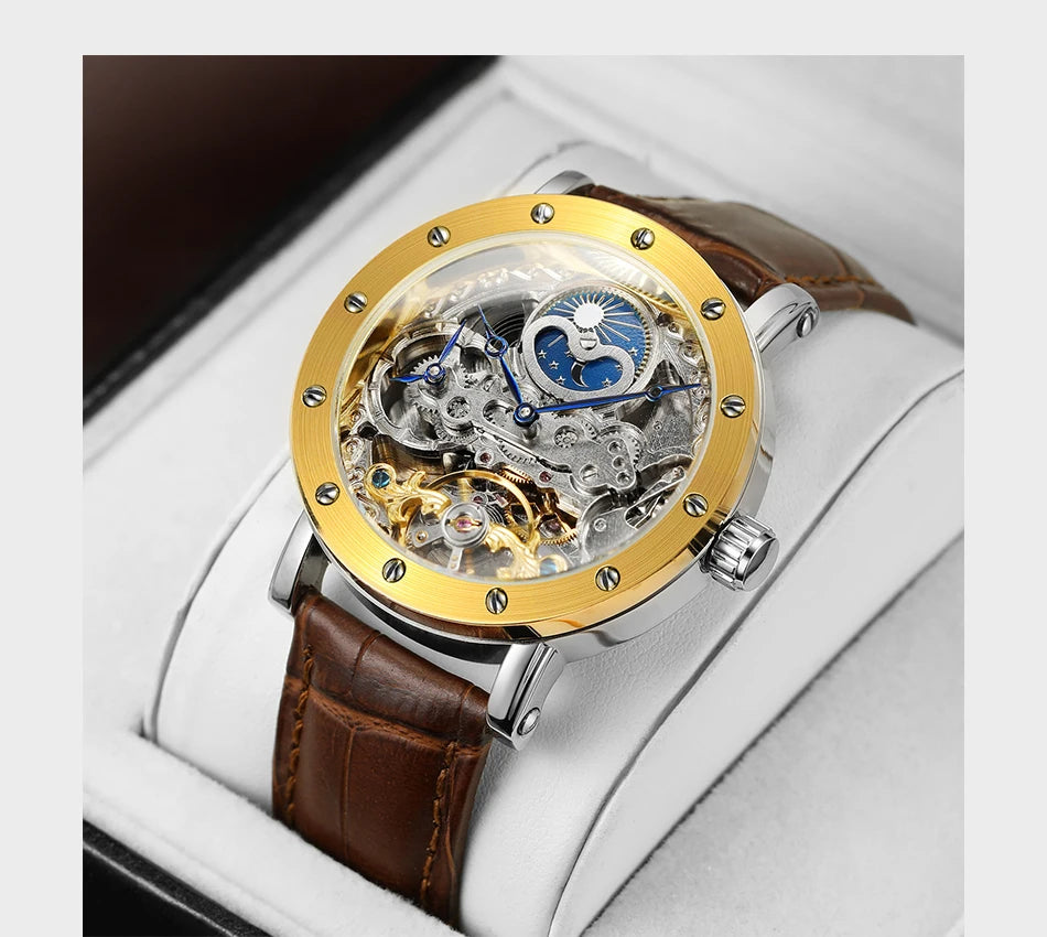 Orologio da polso meccanico automatico SKROX da uomo, modello scheletrato con funzione GMT, fasi lunari e tourbillon – Orologio di lusso di alta gamma, elegante e originale.