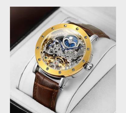 Orologio da polso meccanico automatico SKROX da uomo, modello scheletrato con funzione GMT, fasi lunari e tourbillon – Orologio di lusso di alta gamma, elegante e originale.