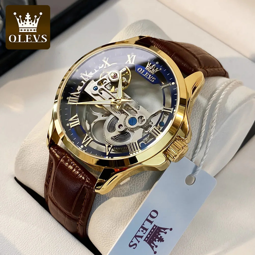 Orologio meccanico automatico da uomo OLEVS 6661 – Modello scheletrato completamente trasparente con rotore a vista, cinturino in pelle, orologio di lusso originale da uomo