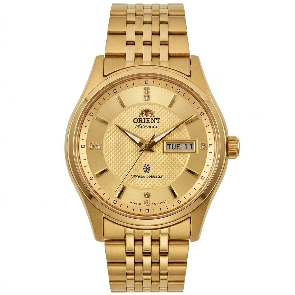 Orologio meccanico automatico da uomo Orient, con doppio calendario (data e giorno della settimana), indici in cristallo e bracciale in acciaio inossidabile – Orologio da polso dallo stile professionale