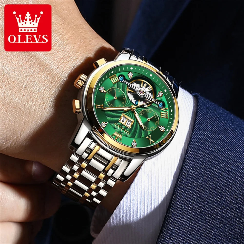 OLEVS 9910 Moška ura Originalna luksuzna blagovna znamka Vodoodporna Svetleča Avtomatska Mehanska ura Ura z dvojnim koledarjem Škatla za uro Reloj