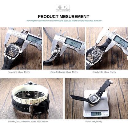 Reloj de pulsera MINI FOCUS para hombre, negro, a la moda, resistente al agua, mecánico automático, con manecillas luminosas, correa de silicona y esfera tonneau