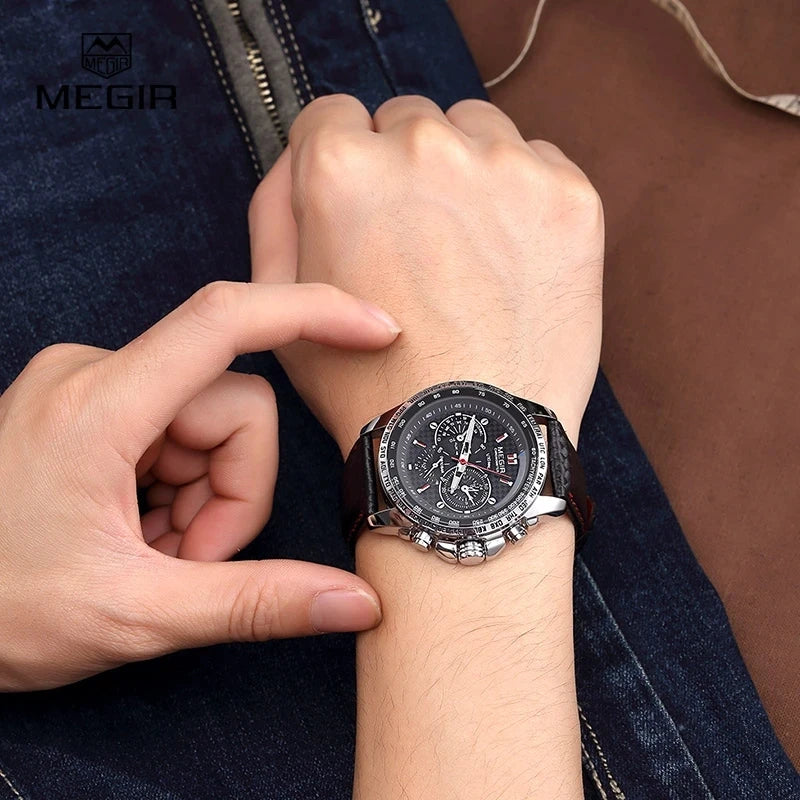 Relógio de pulso analógico de quartzo para homem MEGIR – Relógio de luxo à prova de água com bracelete em pele, estilo descontraído, modelo 1010 (preto)