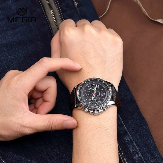 Analoge Quarz-Armbanduhr für Herren von MEGIR – Wasserdichte Luxusuhr mit Lederarmband, lässiger Stil, Modell 1010 (schwarz)