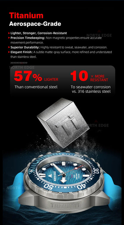 NORTH EDGE NEW+ TRITON-TI Titanium Solar-Powered Diving Watch Luxury Quartz Watches for Men 300M Waterproof 180+ Day Power