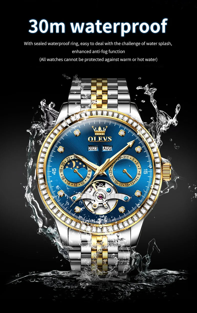 OLEVS 7016 Luxury Automatic Watch Men Skeleton Tourbillon Moon Phase Calendar Waterproof Stainless Steel Mechanical Wristwatch