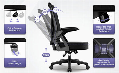 AUTHMIC Ergonomic Office Chair Mesh Back Lumbar Support Flip-Up Armrests Reclining Adjustable Height for Home Office Desk Work