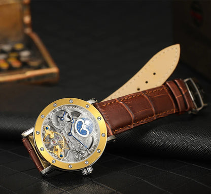 Orologio da polso meccanico automatico SKROX da uomo, modello scheletrato con funzione GMT, fasi lunari e tourbillon – Orologio di lusso di alta gamma, elegante e originale.