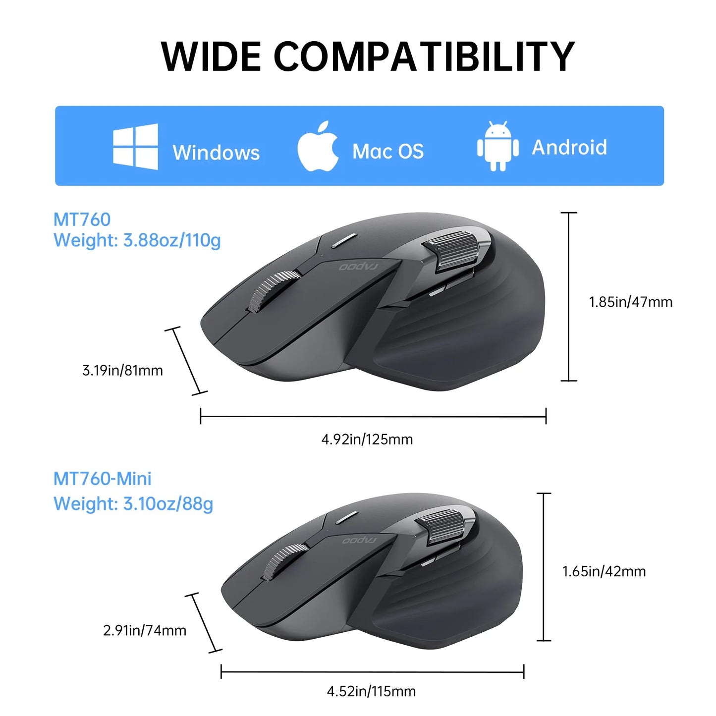 Rapoo MT760/MT760Mini Multi-mode Rechargeable Wireless Mouse Ergonomic 4000 DPI Bluetooth Mouse Easy-Switch Up to 4 Devices