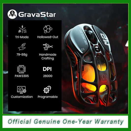 GravaStar Mercury M2 trådlös gamingmus, lätt håldesign, 5 programmerbara DPI-nivåer, 26,000 DPI, PAW3395DM-sensor