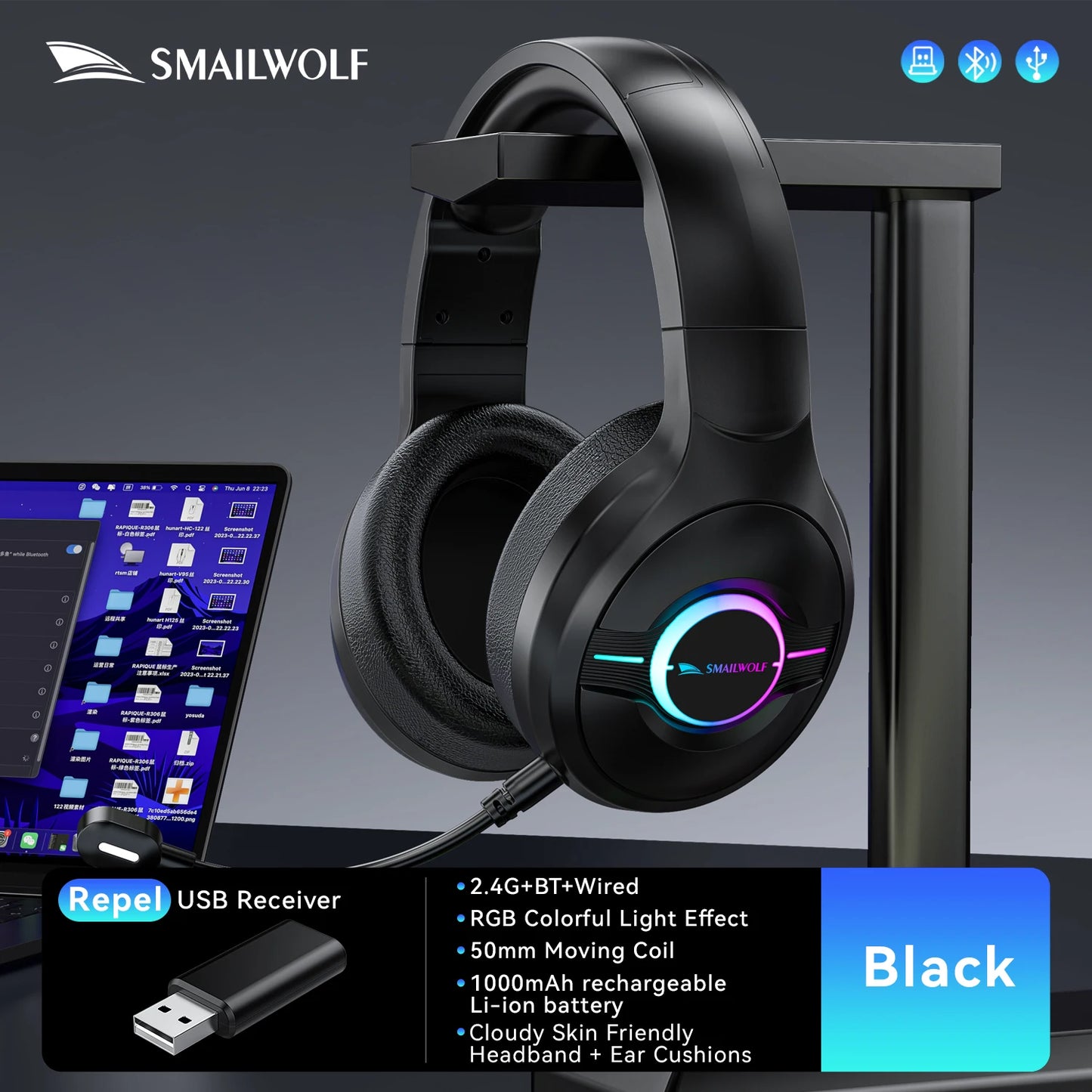 SMAILWOLF L80 Bluetooth wireless three-mode gaming headset, lightweight 185g plug-in microphone e-sports gaming headset