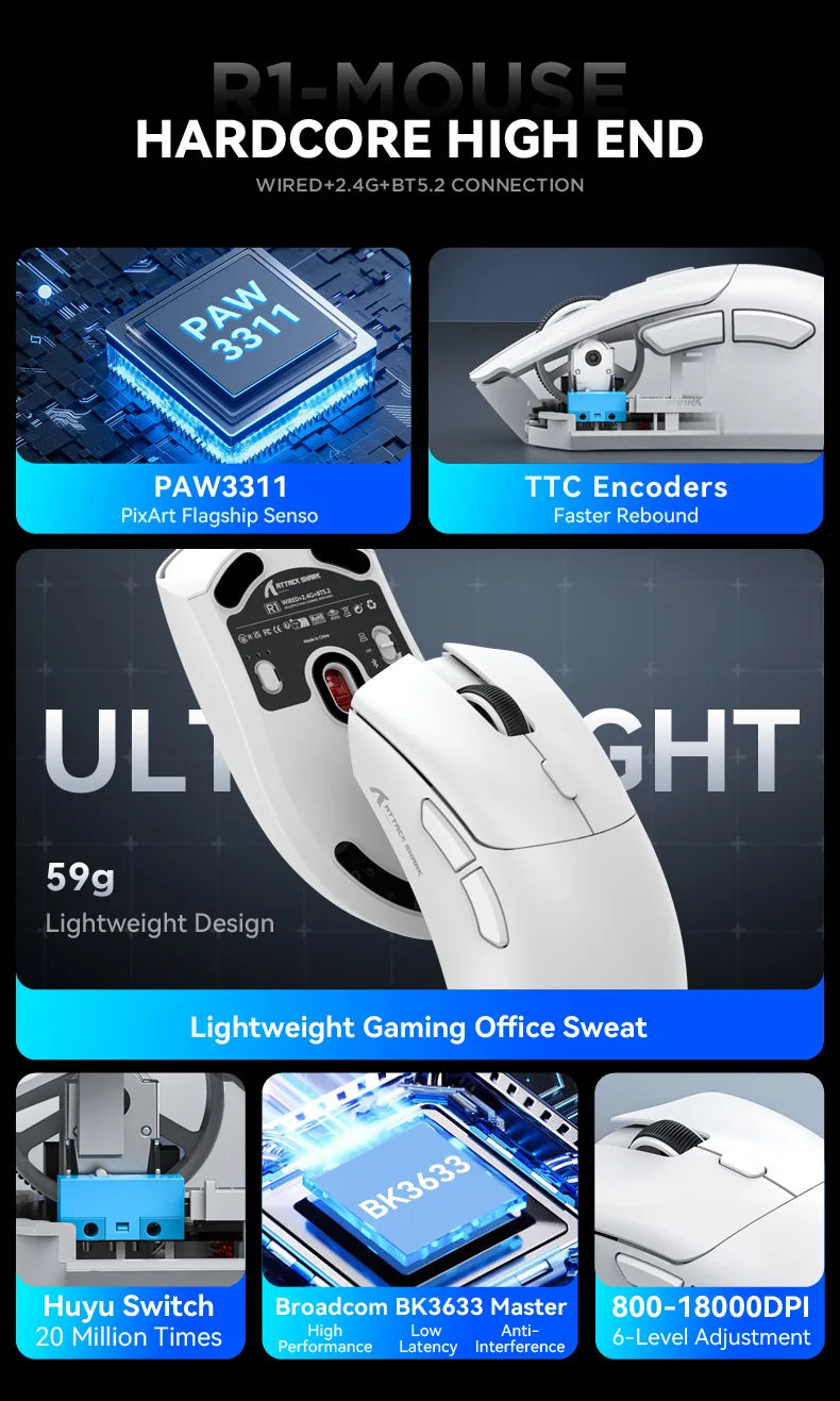 Attack Shark R1 Lightweight Bluetooth 2.4G Wireless Gaming Mouse PAW3311 18000DPI Ergonomic Macro Mice