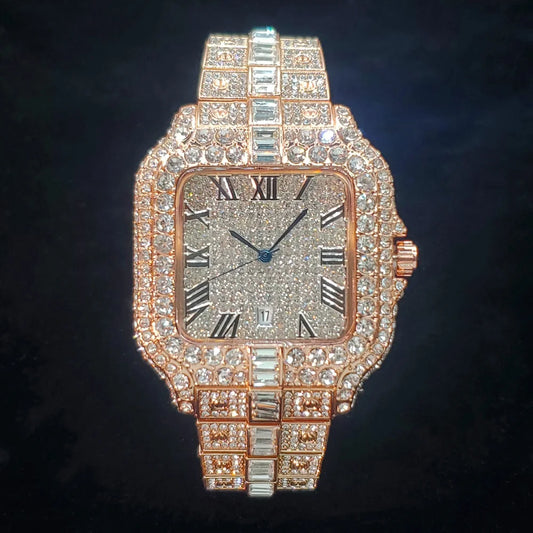 Luxurious Full Diamond Watch For Men Popular Rose Gold Iced Out Quarz Watches Fashion Hip Hop Jewelry Reloj Hombre Dropshipping