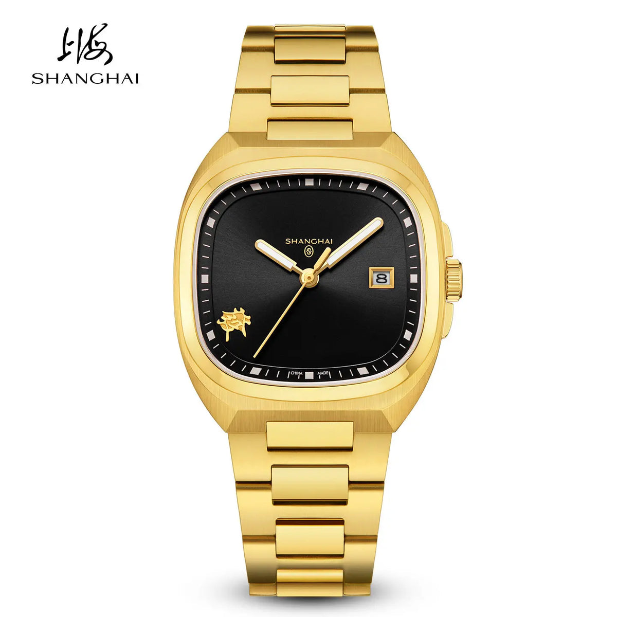 Montre mécanique vintage Shanghai Square, montre automatique pour homme en or 24 carats, boîtier de 38 mm, acier inoxydable 316L, montre-bracelet de luxe SH030