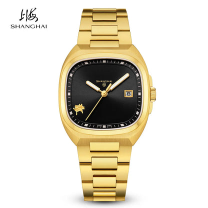 Montre mécanique vintage Shanghai Square, montre automatique pour homme en or 24 carats, boîtier de 38 mm, acier inoxydable 316L, montre-bracelet de luxe SH030