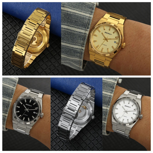 Orologio automatico da uomo BERNY, dorato, vetro zaffiro, lancette luminescenti, originale al 100%, dotato di movimento PT5000, rivestimento antiriflesso, modello di lusso con lunetta intercambiabile, impermeabile fino a 5 ATM.