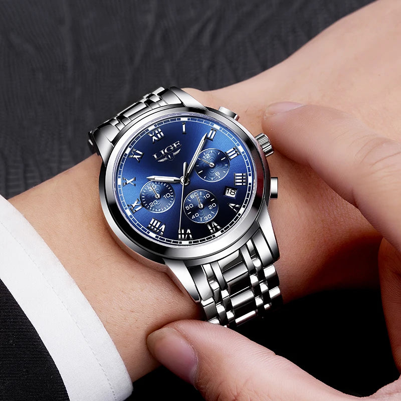 Orologio da uomo LIGE – Cronografo di lusso, stile sportivo casual, impermeabile, interamente in acciaio, movimento al quarzo