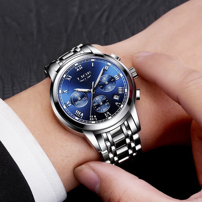 Orologio da uomo LIGE – Cronografo di lusso, stile sportivo casual, impermeabile, interamente in acciaio, movimento al quarzo