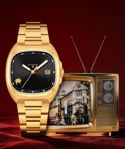 Montre mécanique vintage Shanghai Square, montre automatique pour homme en or 24 carats, boîtier de 38 mm, acier inoxydable 316L, montre-bracelet de luxe SH030