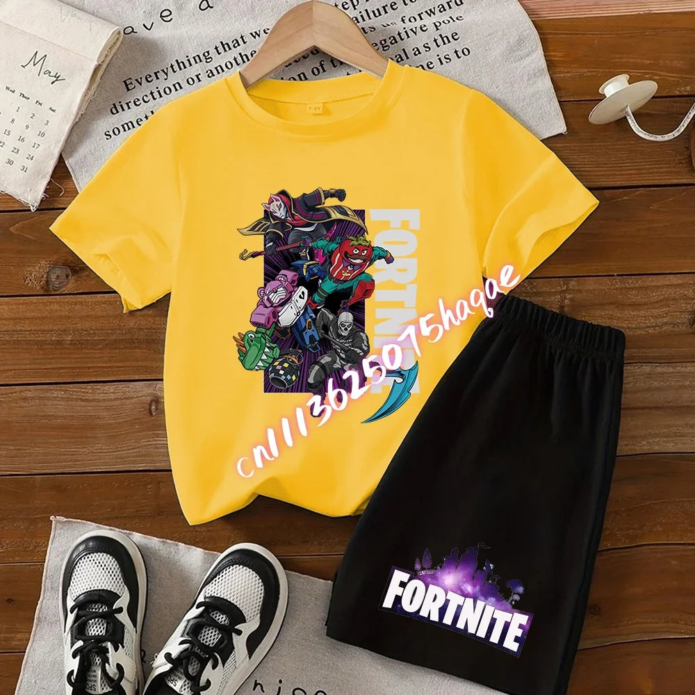 Sommer-Fortnite-T-Shirt und Shorts für Jungen und Mädchen, 2-teiliges Kinder-Set mit Oberteil und Hose, Fortress-Night-Print, Geschenk
