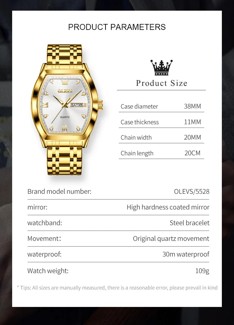OLEVS Nouvelles montres pour homme Montres à quartz de luxe en or Montres classiques à cadran tonneau Montres à quartz étanches et luminescentes pour homme 5528