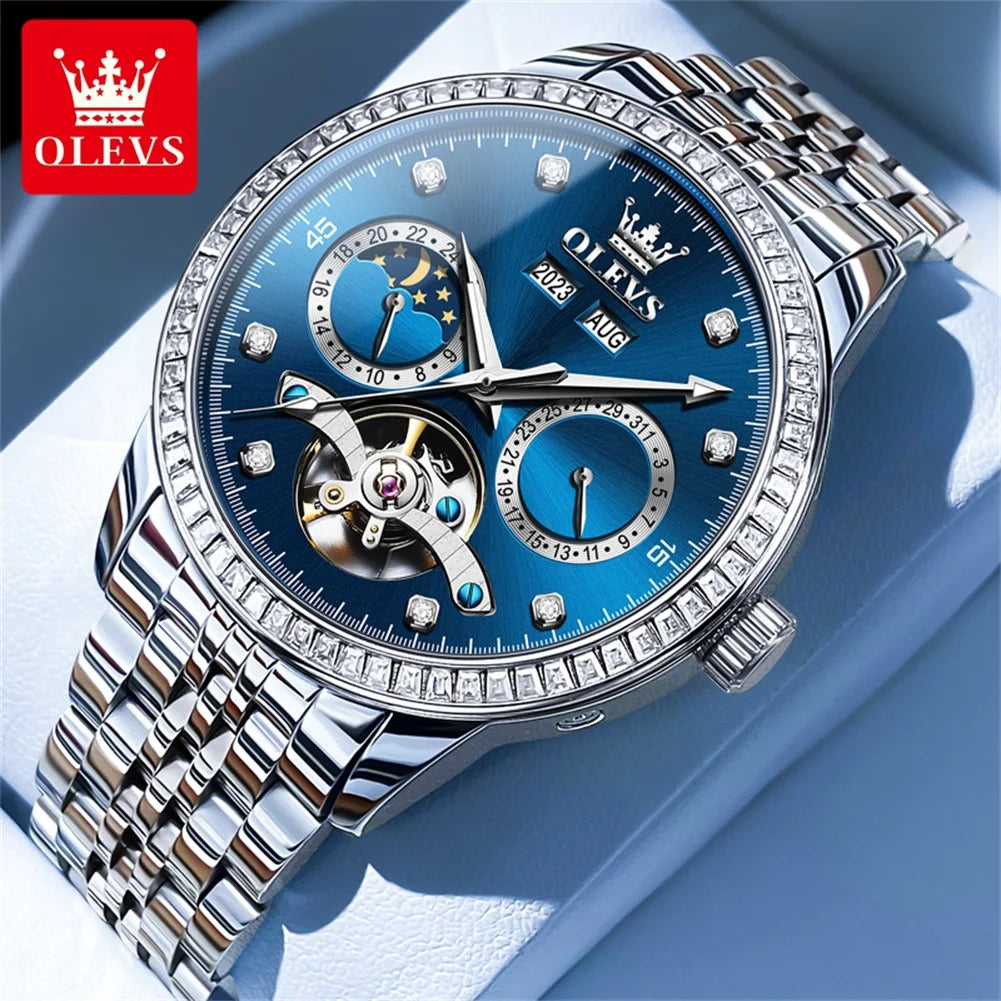 OLEVS 7016 Luxury Automatic Watch Men Skeleton Tourbillon Moon Phase Calendar Waterproof Stainless Steel Mechanical Wristwatch