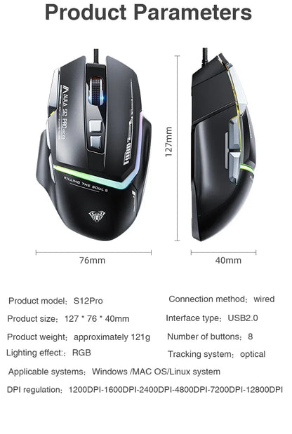 AULA S12Pro Wired Mechanical Mouse 1000HZ 12800DPI RGB Low Latency Macro Defines Esports Gaming Mouse PC Gamer Accessories